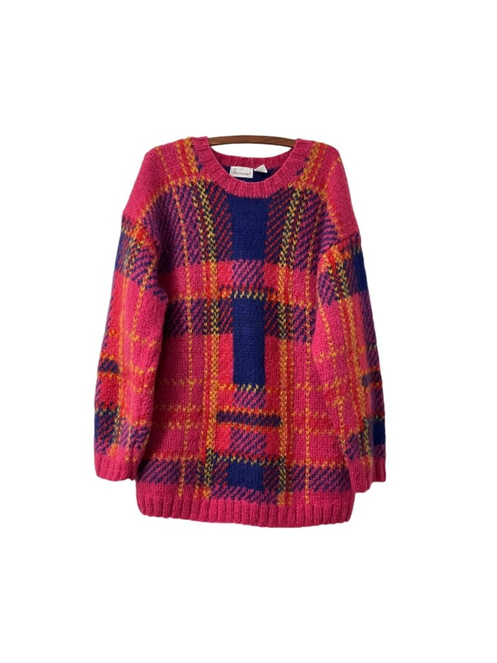 VTG QS International Womens Colorful Mohair Grunge Plaid Chunky Fuzzy Sweater L
